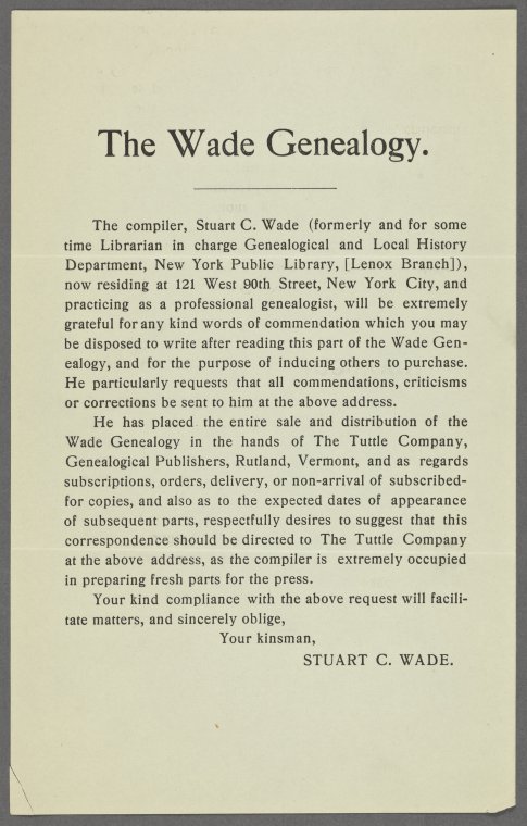 Wade genealogy : miscellaneous notes and letters - NYPL Digital Collections