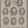 President Hayes and his cabinet. George W. McCrary, War. R.W. Thompson. Navy. David M. Key. Postmaster General. Rutherford B. Hayes. Charles E. Devens. Attorney General. Carl Schurz. Interior. John Sherman. Treasury. William M. Evarts. Sec. of State. Presented by Max Stadler & Co. Clothiers. 565 & 567 Broadway, N.Y.