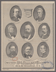President Hayes and his cabinet. George W. McCrary, War. R.W. Thompson. Navy. David M. Key. Postmaster General. Rutherford B. Hayes. Charles E. Devens. Attorney General. Carl Schurz. Interior. John Sherman. Treasury. William M. Evarts. Sec. of State. Presented by Max Stadler & Co. Clothiers. 565 & 567 Broadway, N.Y.