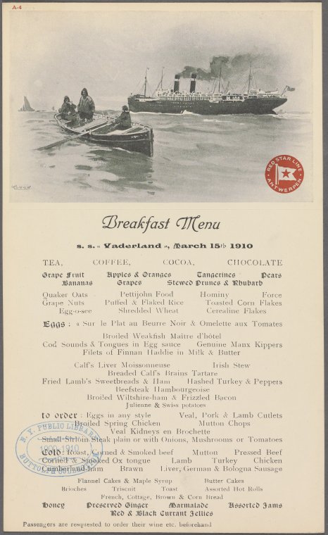 Breakfast Menu, Red Star Line S.S. Vaderland - NYPL Digital Collections