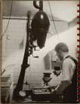 Photographic darkroom, man using an enlarger