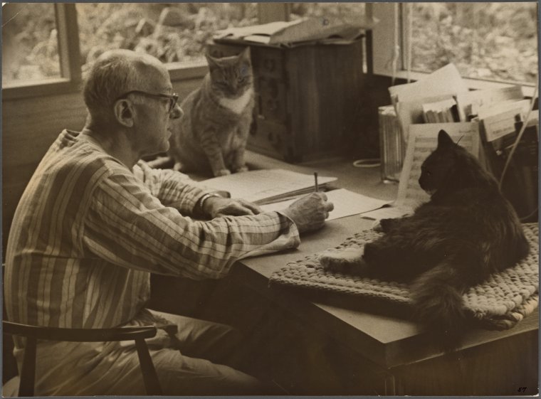 Henry Cowell at his home in Shady, NY, with his cats, Strawberry and Pepper