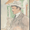 Signed portrait of J.M. Synge sitting on bench
