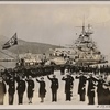 The armored cruiser "Admiral Graf Spee" leaves for its Atlantic voyage from the harbor of Ceuta in Spanish Morocco: The Falangists salute the armored cruiser "Admiral Graf Spee" and her crew