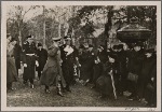 Before the launch of the battleship "Bismarck", the Fuhrer visited Bismarck's grave in Friedrichsruh.  The Fuhrer is seen on the way to the castle.