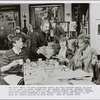 The Bliss Family (at their breakfast table) and their weekend guests, are from left to right--at table: Robert Joy, Roy Dotrice, Mia Dillon, Rosemary Harris; the guests, standing from left to right: Carolyn Seymour, Deborah Rush, Campbell Scott, and Charles Kimbrough in Noel Coward's 1925 comedy "Hay Fever"