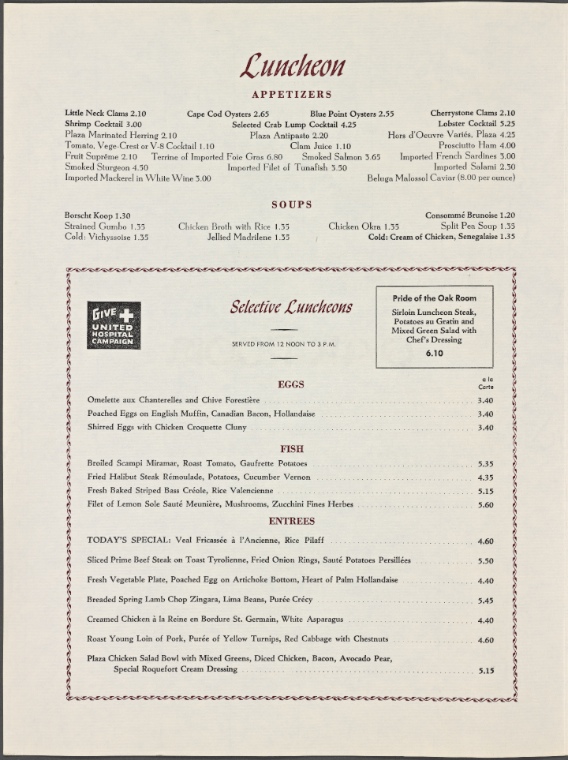 1969 Oak Room menu from the Plaza Hotel 