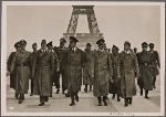 The Fuhrer inspects Paris, which has quickly returned to normal life under German occupation troops.  At the Fuhrer's side are professors Giesler, Speer and Breker.  In the background is the Eiffel Tower