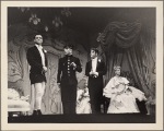 George Baker, David Hurst, Roddy McDowall, and Tammy Grimes in a scene from the original 1959 Broadway production of Noël Coward's "Look After Lulu"