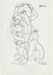 Line drawing of women entangled and plaiting a braid