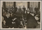[The gang of English warmongers tried once again to conceal a defeat.  In the Reich Ministry of Proganda Lieutenant Colonel Schumacher (next to Reich Press Chief Dr. Dietrich) and a few of his pilots gave a report to the domestic and foreign press regarding the squadron's victorious engagement, in which 36 British bombers fell victim.]