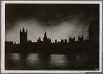 Under the weight of German reprisals against London, huge fires broke out in the British capital, which at night showed German pilots the way to their destination.  Here the Parliament buildings stand out against the fiery glow of the night sky.