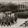 At a great gathering of fascist youth, as the Duce reviewed the march-past of his young followers he found among them a contingent of Hitler Youth.  Axis youth marches as one.]