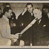 Reich Organization Leader Dr. Ley, who is staying in London in his capacity as president of the International Headquarters of "Freude und Arbeit", in conversation with a famous English cricketer.