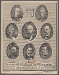 President Hayes and his cabinet. [Center and then clockwise from upper right:] Rutherford B. Hayes. R.W. Thompson. Navy. Charles E. Devens. Attorney General. William M. Evarts. Sec. of State. John Sherman. Treasury. Carl Schurz. Interior. David M. Key. Postmaster General. George W. McCrary. War