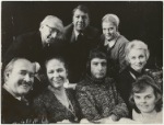 Edward Albee and the cast of All Over. Front Row (left to right): George Voskovec, Colleen Dewhurst, Edward Albee, Jessica Tandy, and Madeleine Sherwood. Top row (left to right): Neil Fitzgerald, James Ray, and Betty Field
