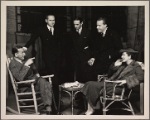 Noël Coward (author), John C. Wilson (producer), Osgood Perkins, Alfred Lunt, and Lynn Fontanne backstage prior to the opening of the original Broadway production of Noël Coward's "Point Valaine."