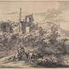 Landscape with ruins and two cows at the waterside