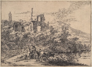Landscape with ruins and two cows at the waterside