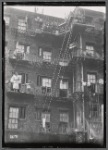 Chelsea (?) tenement rear with tenants and plants on fire escapes: W 17th Street?, Manhattan