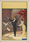 Magician with assistant, imps, goose, and rabbit
