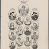 [Clockwise from top center, and then center from right to left:] The emperor Napoleon. Frederick II of Prussia. Empress Catherine II of Russia. Philip IV of Spain. Mourad Bey. The Empress Josephine. The Queen Hortense. General Bolivar. Sigismund III of Poland. Queen Christina of Sweden. Francis I of France. Henry IV of France. Maria Theresa of Austria. Queen Marie Antoinette. Prince Louis Napoleon. The Queen Hortense. The Empress Josephine