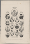 [Clockwise from top center, and then center from right to left:] The emperor Napoleon. Frederick II of Prussia. Empress Catherine II of Russia. Philip IV of Spain. Mourad Bey. The Empress Josephine. The Queen Hortense. General Bolivar. Sigismund III of Poland. Queen Christina of Sweden. Francis I of France. Henry IV of France. Maria Theresa of Austria. Queen Marie Antoinette. Prince Louis Napoleon. The Queen Hortense. The Empress Josephine