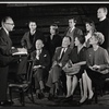 Clockwise from left: Director Joseph Anthony, Douglas Watson, Diane Kagan, unidentified actor, Tisha Sterling (who was replaced before opening night), James Olson, Margaret Leighton, playwright Enid Bagnold, John Williams, and Alan Webb in rehearsal for the stage production The Chinese Prime Minister