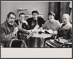 Vincent Price, composer Jule Styne, unidentified man, Patricia Routledge, and lyricist E.Y. Harburg during rehearsal for the stage production Darling of the Day