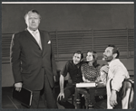 Albert Dekker [standing at left], Lois Smith [sitting at center], Sam Wanamaker [sitting at right] and unidentified [sitting at left] in rehearsal for the stage production Ding Dong Bell