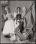 Joe Ponazecki [on floor], Louise Sorel [standing center with braids], Dolph Sweet [standing right with staff] and unidentified [standing left] in the stage production The Dragon