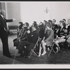 George Abbott [left], Tom Bosley, Barbara Minkus [center] and unidentified others in rehearsal for the stage production The Education of Hyman Kaplan
