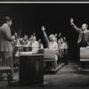 Gary Krawford (far left), Tom Bosley (far right), and company in the stage production The Education of Hyman Kaplan