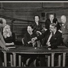 Director Garson Kanin [standing at table], Diane Cilento [seated at table left], Ruth Gordon [seated at table middle], Zero Mostel [seated at table right], Mildred Natwick [background left], Sam Levene [background middle] and Ernest Truex [background right] in rehearsal for the stage production of The Good Soup