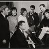Adolph Green, Betty Comden, Leslie Uggams, Robert Hooks, Allen Case, Barbara Sharma, and Jule Styne playing piano in rehearsal for the stage production Hallelujah, Baby!