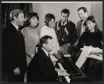 Adolph Green, Betty Comden, Leslie Uggams, Robert Hooks, Allen Case, Barbara Sharma, and Jule Styne playing piano in rehearsal for the stage production Hallelujah, Baby!