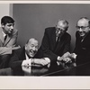 Joe Layton, Noël Coward, book writer Harry Kurnitz, and producer Herman Levin in rehearsal for the stage production The Girl Who Came to Supper