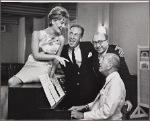 Florence Henderson, José Ferrer, Herman Levin, and Noël Coward in a publicity shot for the original 1963 Broadway production of "The Girl Who Came to Supper"