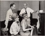 José Ferrer, Noël Coward, Florence Henderson, and rehearsal pianist Martha Johnson in rehearsal for the stage production The Girl Who Came to Supper