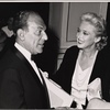 Moss Hart and Celeste Holm in a candid photograph at the opening night of the original Broadway production of Noël Coward's "Sail Away"
