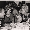 Myrna Loy and Margaret Leighton in a candid photograph on opening night of the original Broadway production of Noël Coward's "Sail Away"