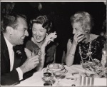 Myrna Loy and Margaret Leighton in a candid photograph on opening night of the original Broadway production of Noël Coward's "Sail Away"