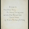 DINNER TO MISS ELLEN TERRY, MR. HENRY IRVING & ARTISTS OF THE METROPOLITAN OPERA HOUSE [held by] MR. & MRS. HENRY E. ABBEY [at] "THE WALDORF, NEW YORK, NY" (HOT;)