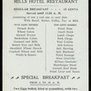 DAILY MENU [held by] MILLS HOTEL RESTAURANT [at] "BLEECKER, THOMPSON AND SULLIVAN STREETS" (REST;)