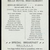 DAILY MENU [held by] MILLS HOTEL RESTAURANT [at] "BLEECKER, THOMPSON AND SULLIVAN STREETS" (REST;)