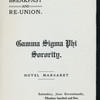 BREAKFAST AND RE-UNION [held by] GAMMA SIGMA PHI SORORITY [at] "MARGARET HOTEL, (?)" (HOTEL;)
