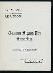 BREAKFAST AND RE-UNION [held by] GAMMA SIGMA PHI SORORITY [at] "MARGARET HOTEL, (?)" (HOTEL;)