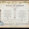 DINNER [held by] COMPAGNIE GENERAL TRANSATLANTIQUE [at] ABOARD PAQUEBOT LA LORRAINE (SS;)