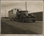 Car and homemade trailer on U.S. 101 near King City, California. Man and wife middle-aged, from Wisconsin. "Old Man Depression sent us out on the road ... You don't know anything about how many people are living in trailers till you 'hit' Florida"