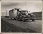 Car and homemade trailer on U.S. 101 near King City, California. Man and wife middle-aged, from Wisconsin. "Old Man Depression sent us out on the road ... You don't know anything about how many people are living in trailers till you 'hit' Florida"